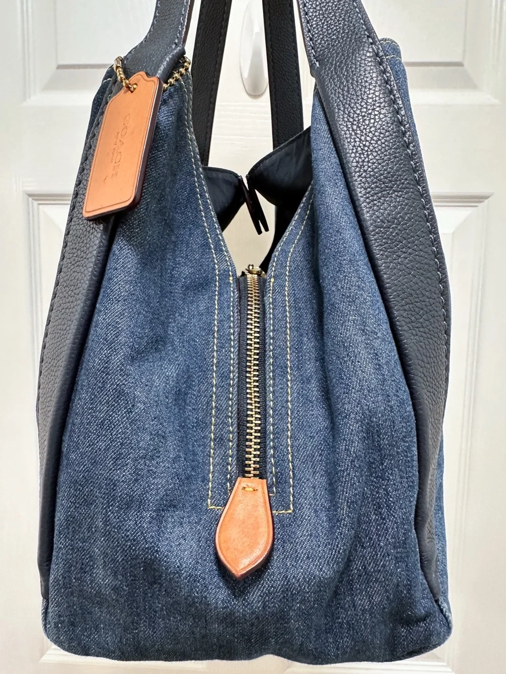 Coach Hadley Denim Hobo Large Shoulder Bag Blue Denim Leather Trim